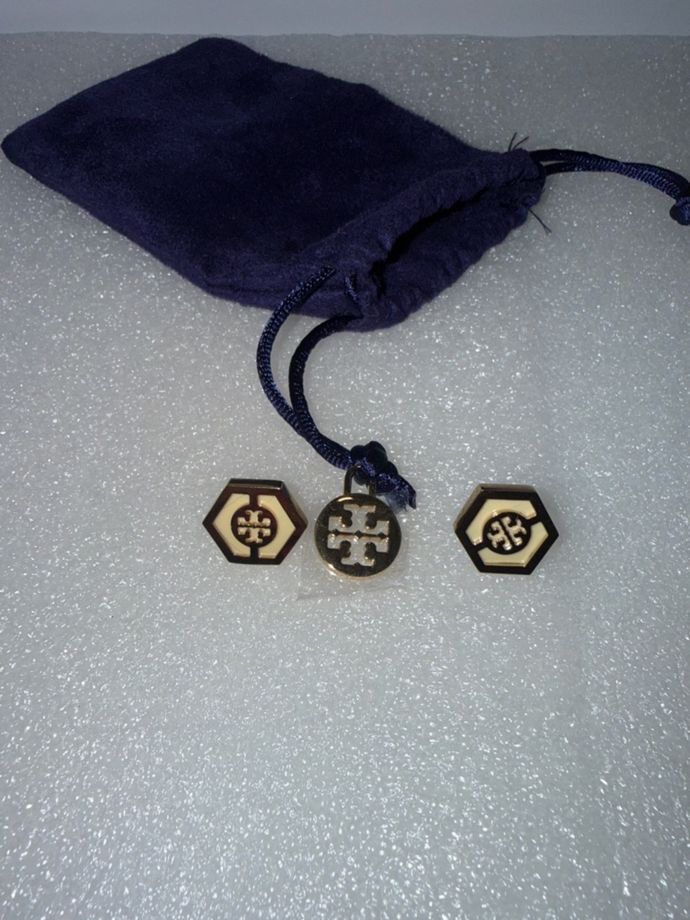 Tory Burch Gold and Brown Hexagon Logo Stud Earrings